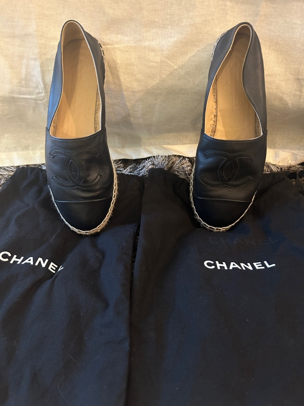 CHANEL Black Leather CC Espadrille Slip-Ons - Picture 2 of 7
